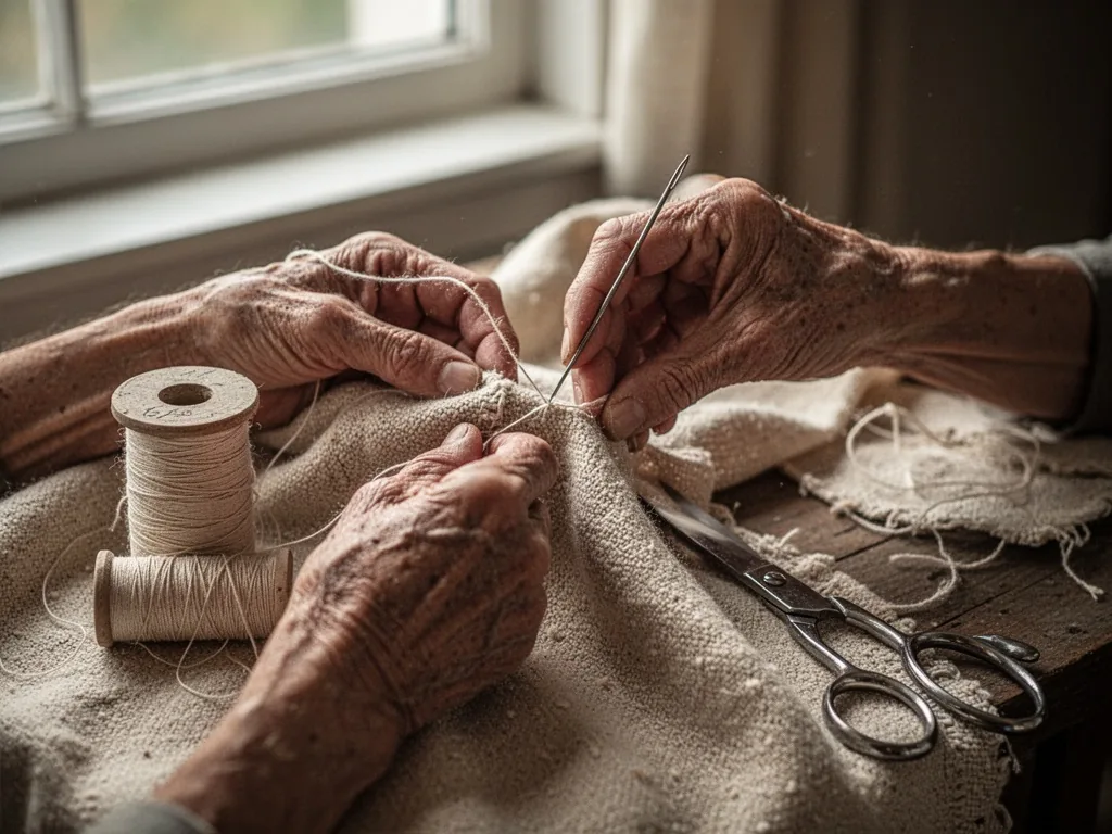 A pair of weathered hands guiding a needle through thick cotton fabric, spool and scissors beside, soft daylight from a