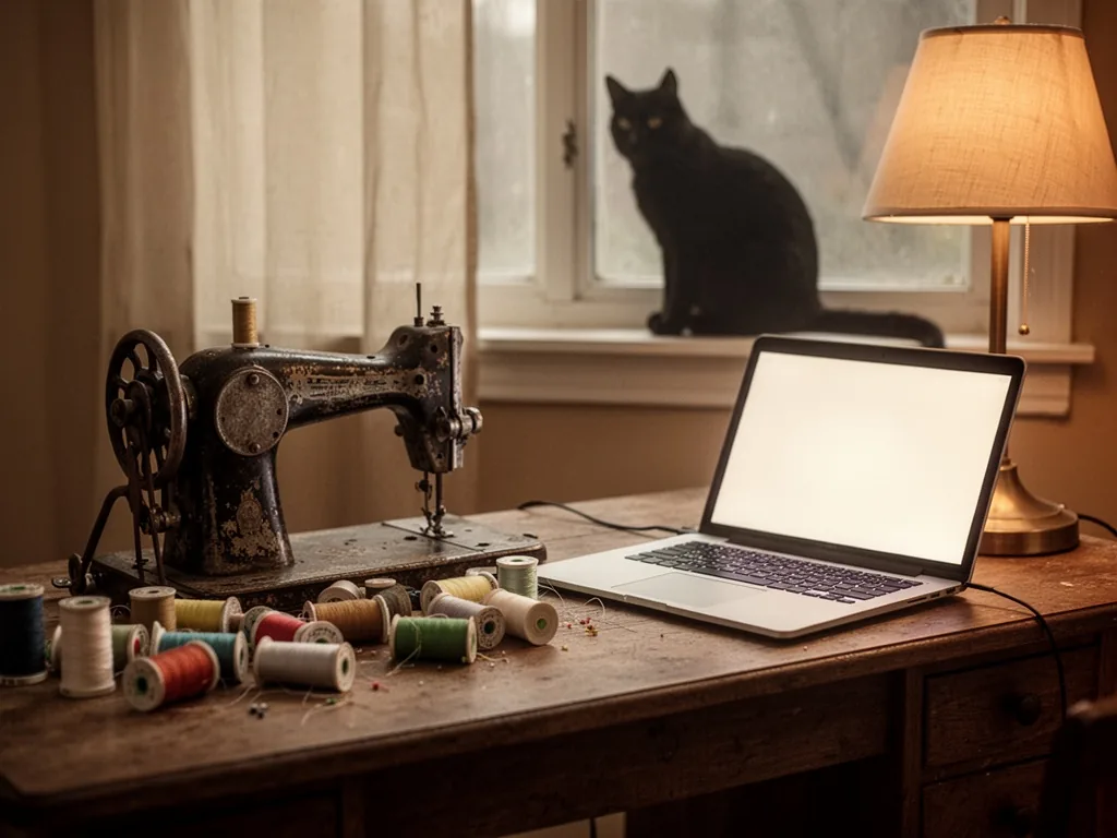 An old sewing machine next to a glowing laptop on a wooden desk, spools of thread scattered, cat silhouette on windowsil