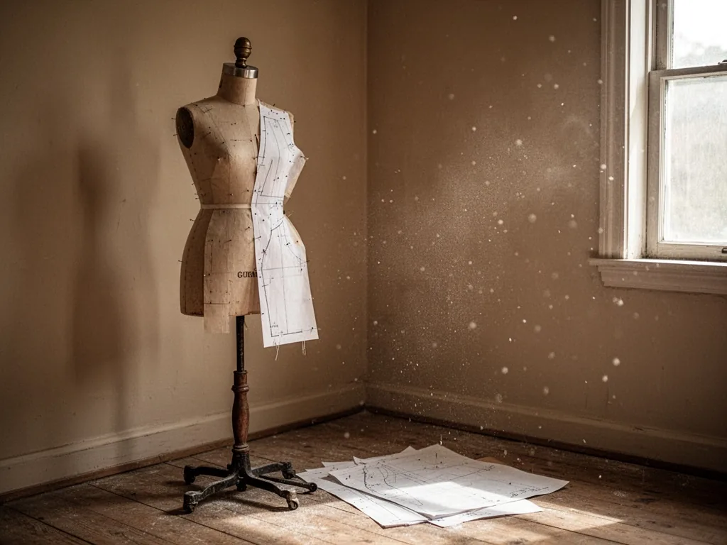 A bare dress form standing in a quiet corner, pinned pattern paper untouched, dust motes floating in afternoon light, wo