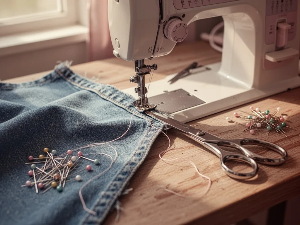 A sewing machine needle piercing a denim hem, thread trailing, scissors and pins nearby on a wooden worktable, soft wind