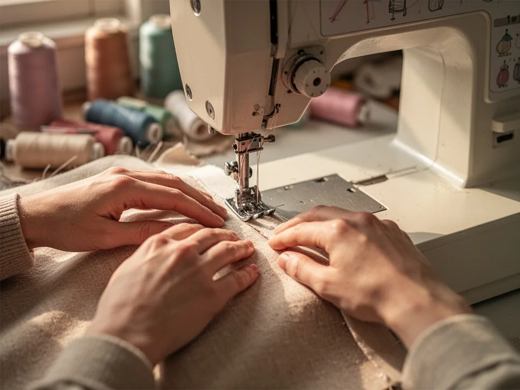 A pair of hands guiding fabric under a sewing machine presser foot, blurred sewing supplies in background, warm afternoo