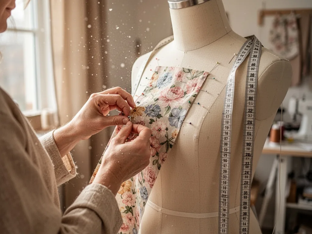 A tailor's hands pinning a floral fabric swatch onto a cream dress form, measuring tape draped nearby, soft window light