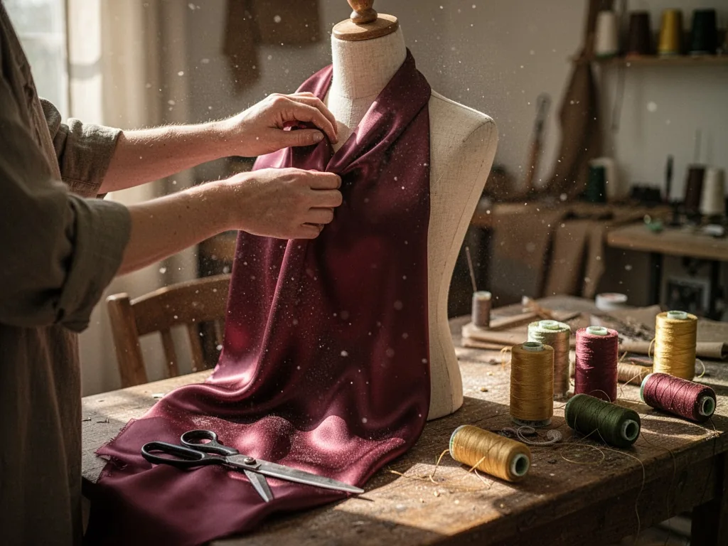 A pair of hands draping burgundy silk over a mannequin, scissors and spools of thread on a wooden table, dust motes in s