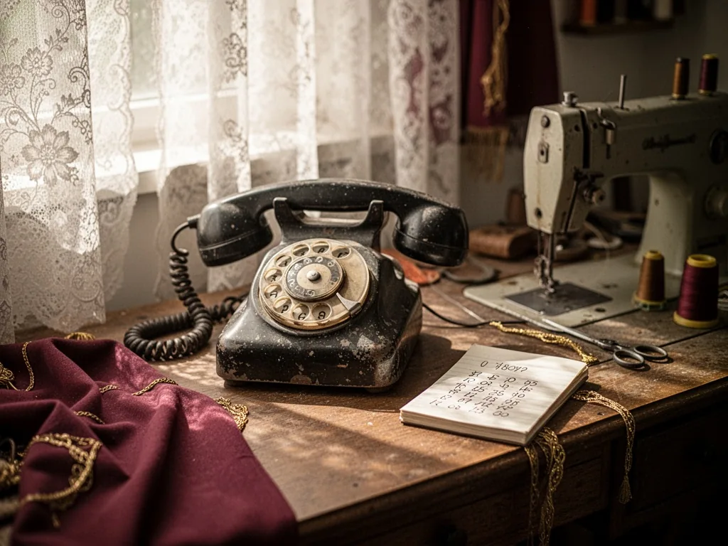 An old rotary dial phone on a sewing desk, a small notebook with scribbled numbers beside it, soft afternoon light filte