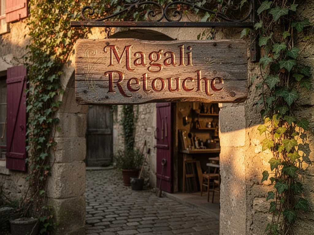A weathered wooden shop sign reading 'Magali Retouche' hanging above a cobblestone doorway, ivy climbing the stone wall,