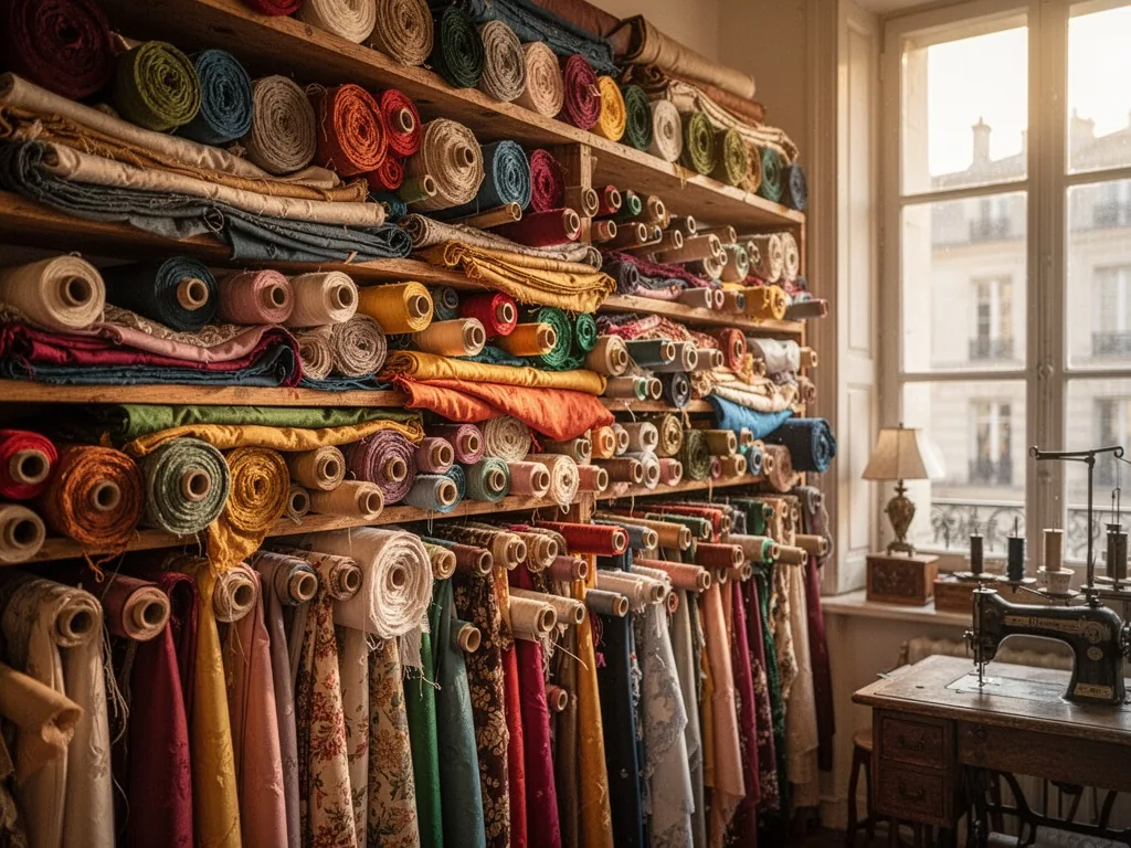 A towering wall of multicolored fabric rolls and spools of thread in a Lyon sewing shop, wooden shelves, soft afternoon 