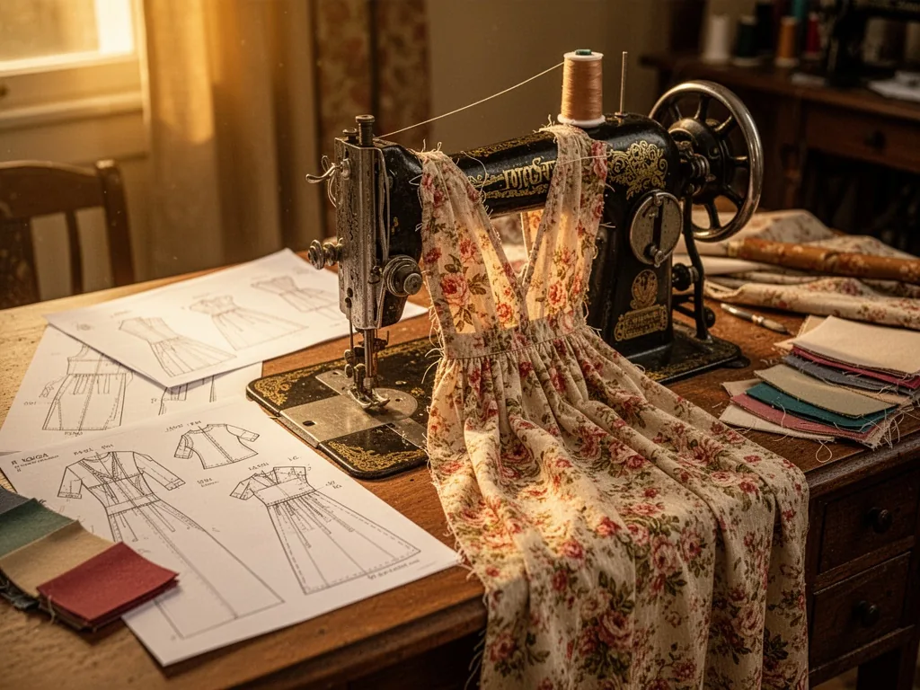 A vintage sewing machine with a half-finished floral dress under the needle, surrounded by pattern paper and fabric swat