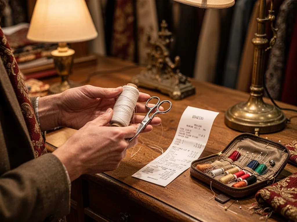 A pair of hands gently holding a spool of thread and a small pair of scissors, a receipt and a sewing kit on a wooden co