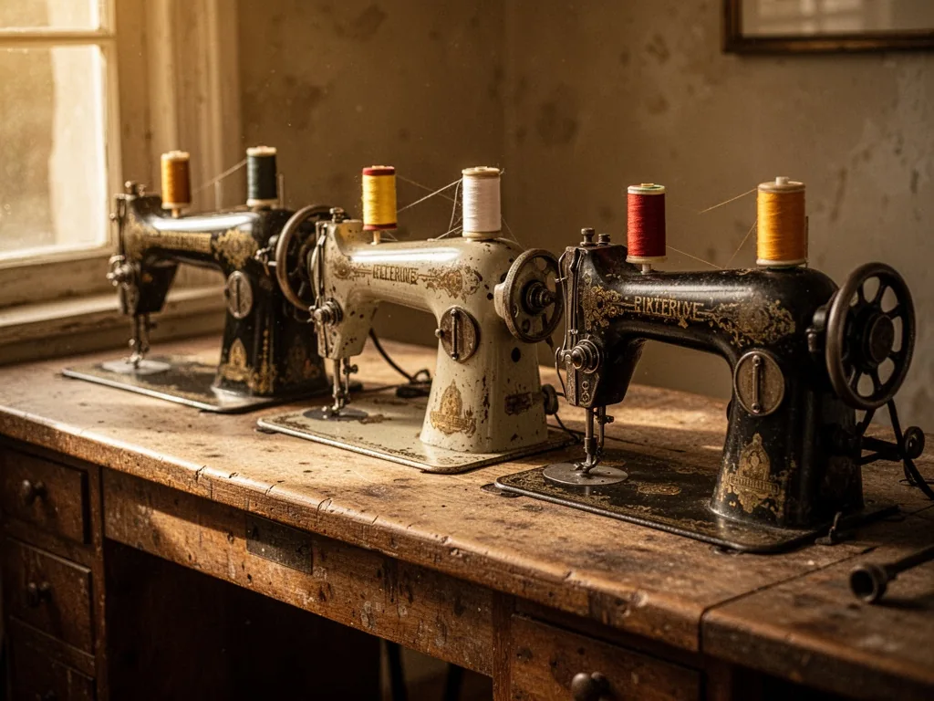 Three sewing machines of different decades lined up on a worn wooden counter, each with a spool of thread, warm amber li