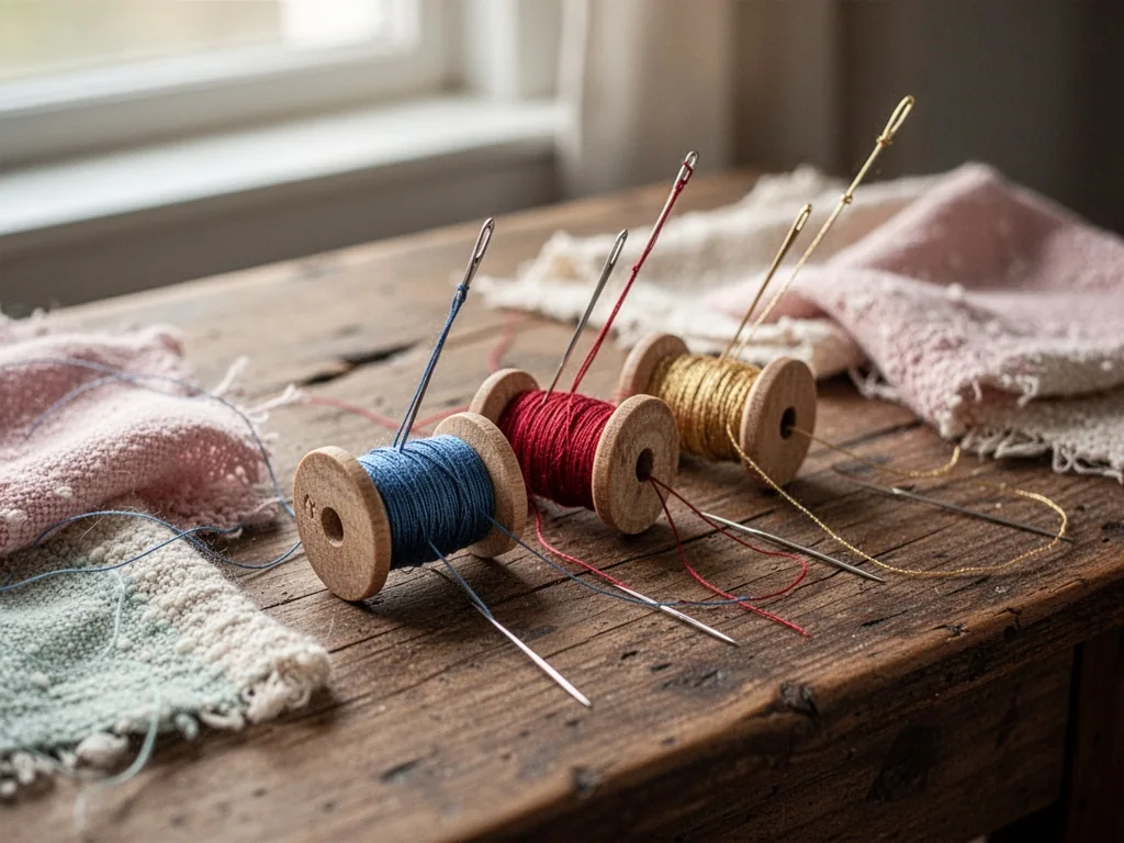 Three sewing needles with blue, red, and gold threads pierced into wooden spools, arranged diagonally on a worn oak tabl