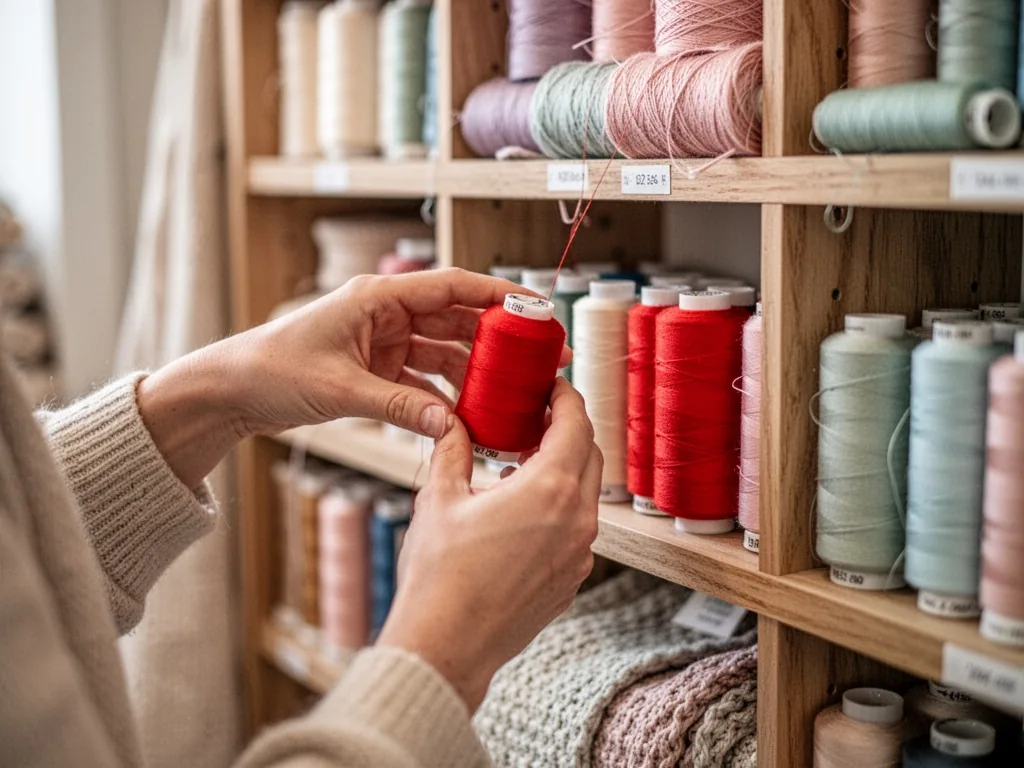 Close-up of hands selecting a bright red spool from a wooden shelf of thread, soft overhead light, cozy haberdashery int