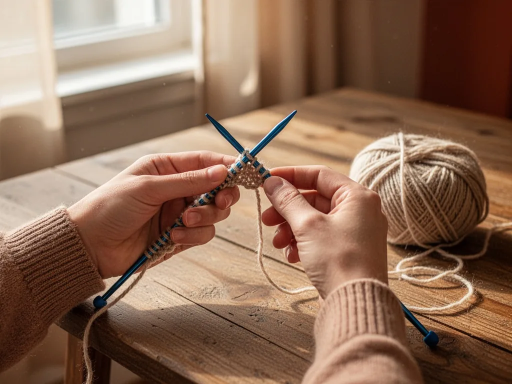 A pair of hands holding a blue knitting needle with a dropped stitch, a wooden table surface, a skein of wool yarn besid