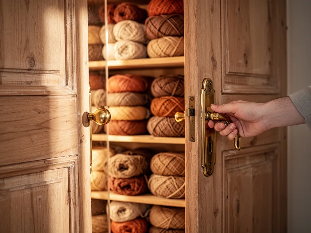 A wooden door with brass handle slightly open, revealing shelves of stacked yarn in earthy tones, warm golden light spil