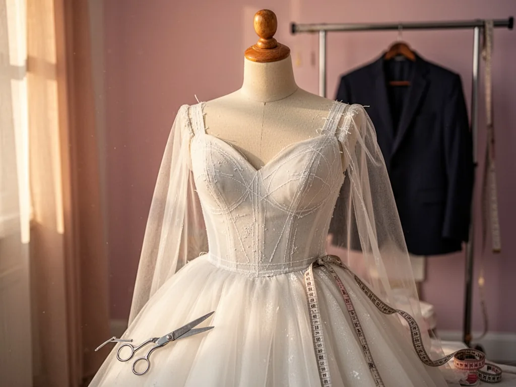A white wedding dress on a wooden mannequin, tailor's chalk marks tracing the bodice, silver scissors and a measuring ta