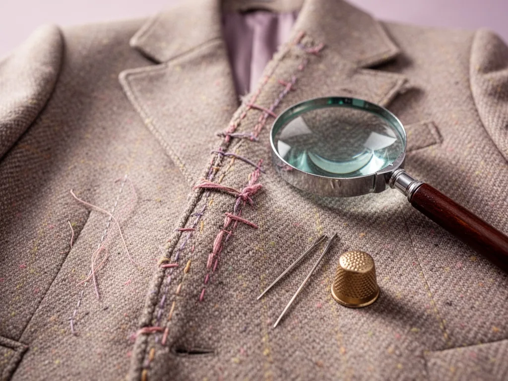 A close-up of a repaired seam on a tweed jacket, contrasting thread stitches visible, a magnifying glass on the fabric, 