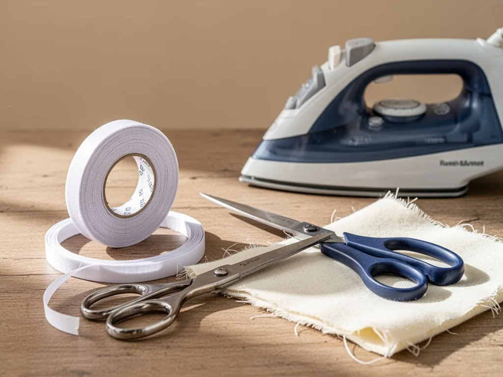 A roll of fusible hem tape beside fabric scissors, a flat iron, and a scrap of cotton cloth on a wooden worktable, soft 