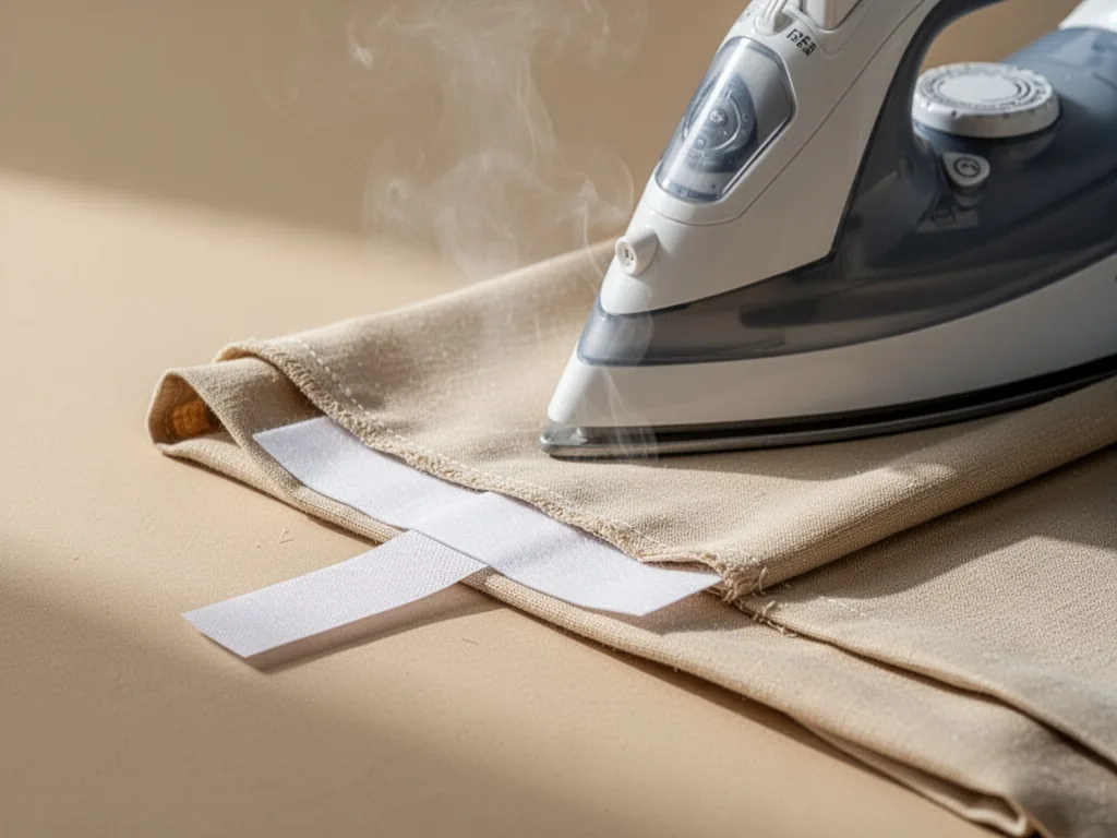 A folded fabric edge with a strip of fusible tape placed underneath, an iron hovering above pressing the hem, steam risi