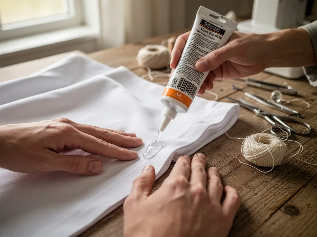 A glue tube nozzle applying clear adhesive to a folded fabric hem edge, white cotton, hands gently pressing, wooden tabl