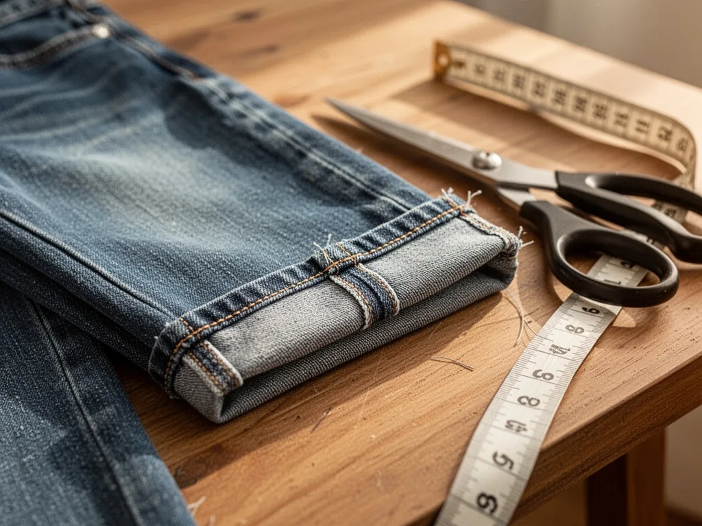 A pair of jeans being folded to preserve original hem, scissors and measuring tape on wooden table, denim texture visibl