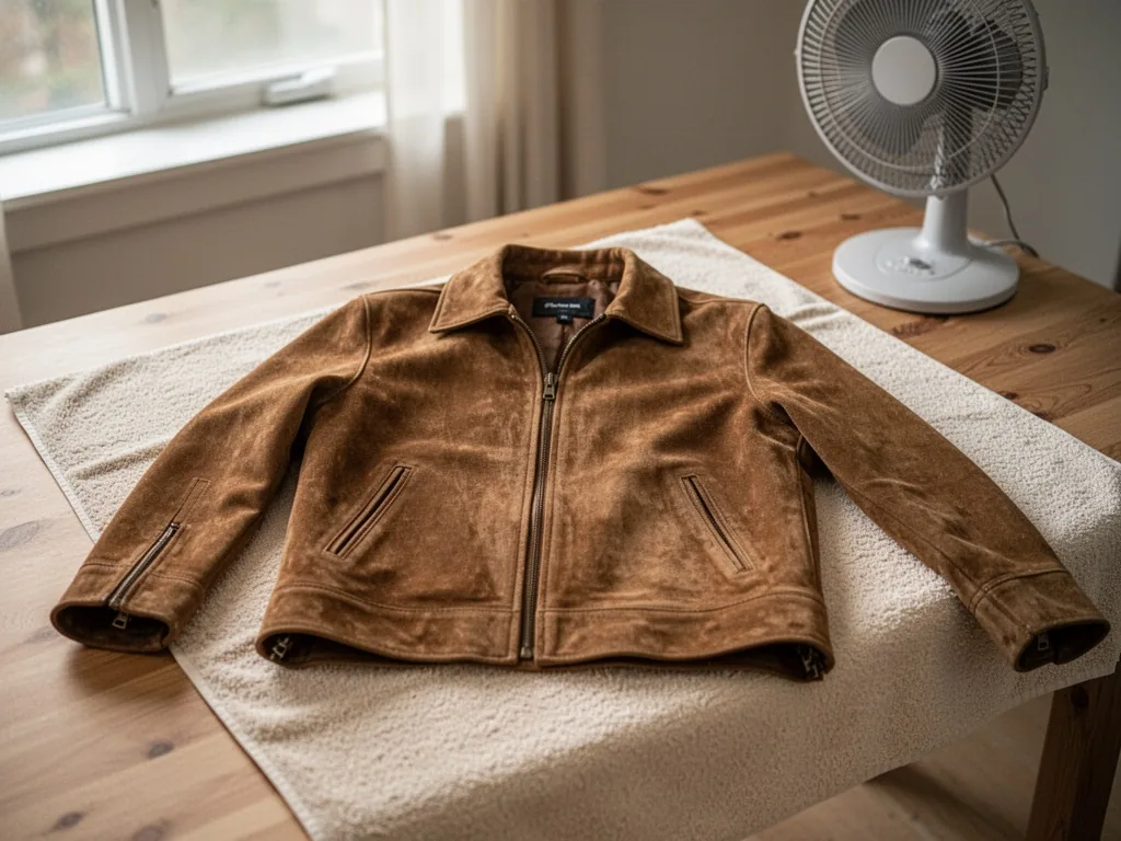 A suede jacket smoothed flat on a terry towel, soft northern light, sleeves neatly aligned, fabric lying smooth, a clean