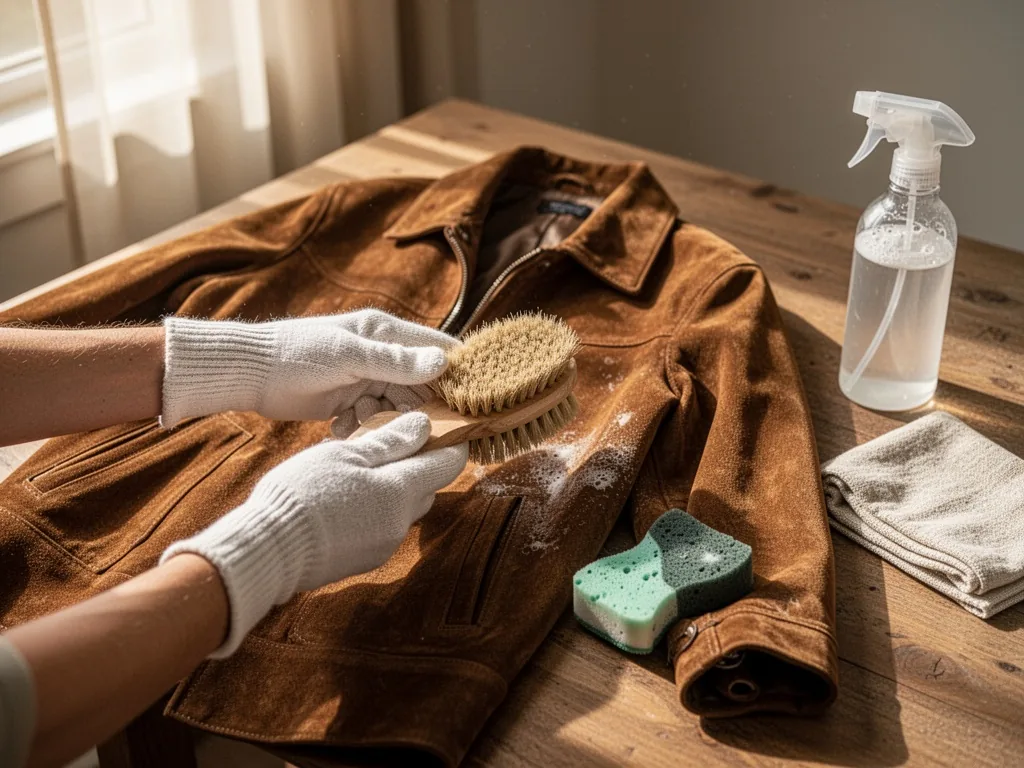 A suede jacket held by a pair of hands in white cotton gloves, a soft brush and a damp sponge on a wooden table, warm af