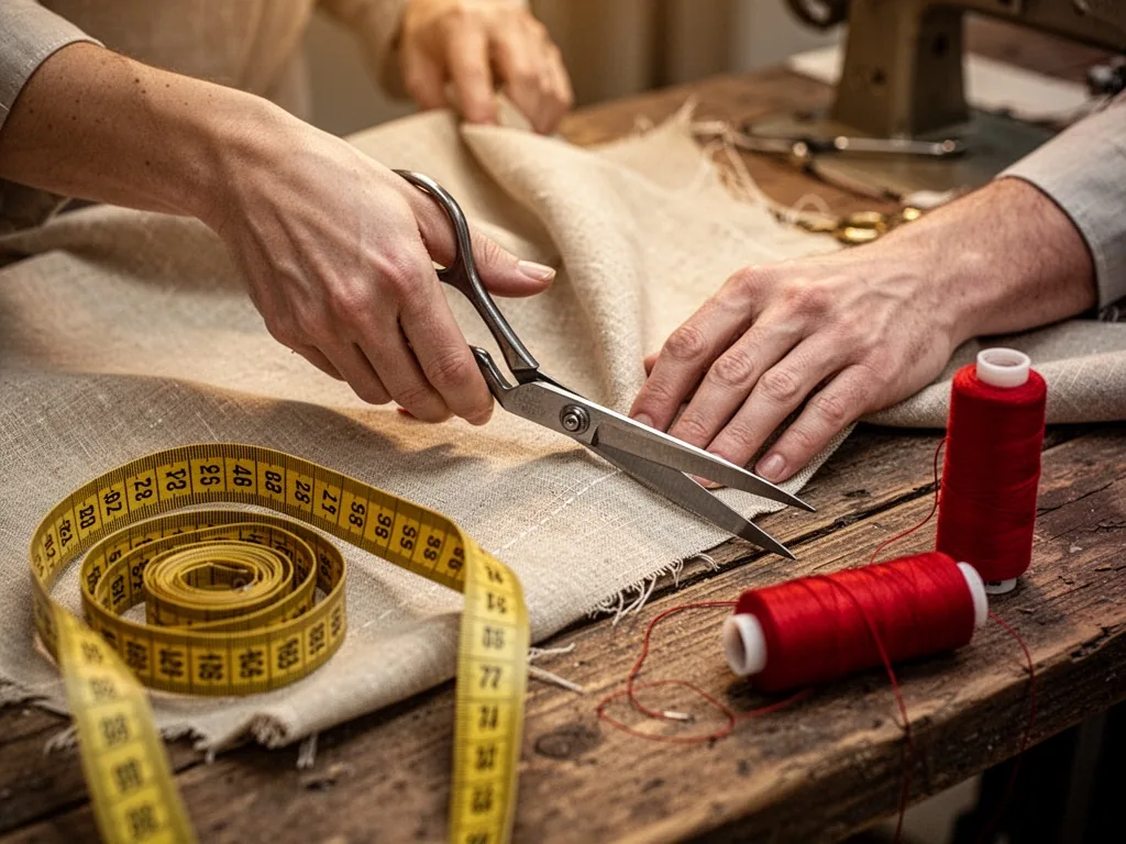 A seamstress's hands carefully cutting beige linen fabric with sharp tailor's scissors, a yellow measuring tape and a sp