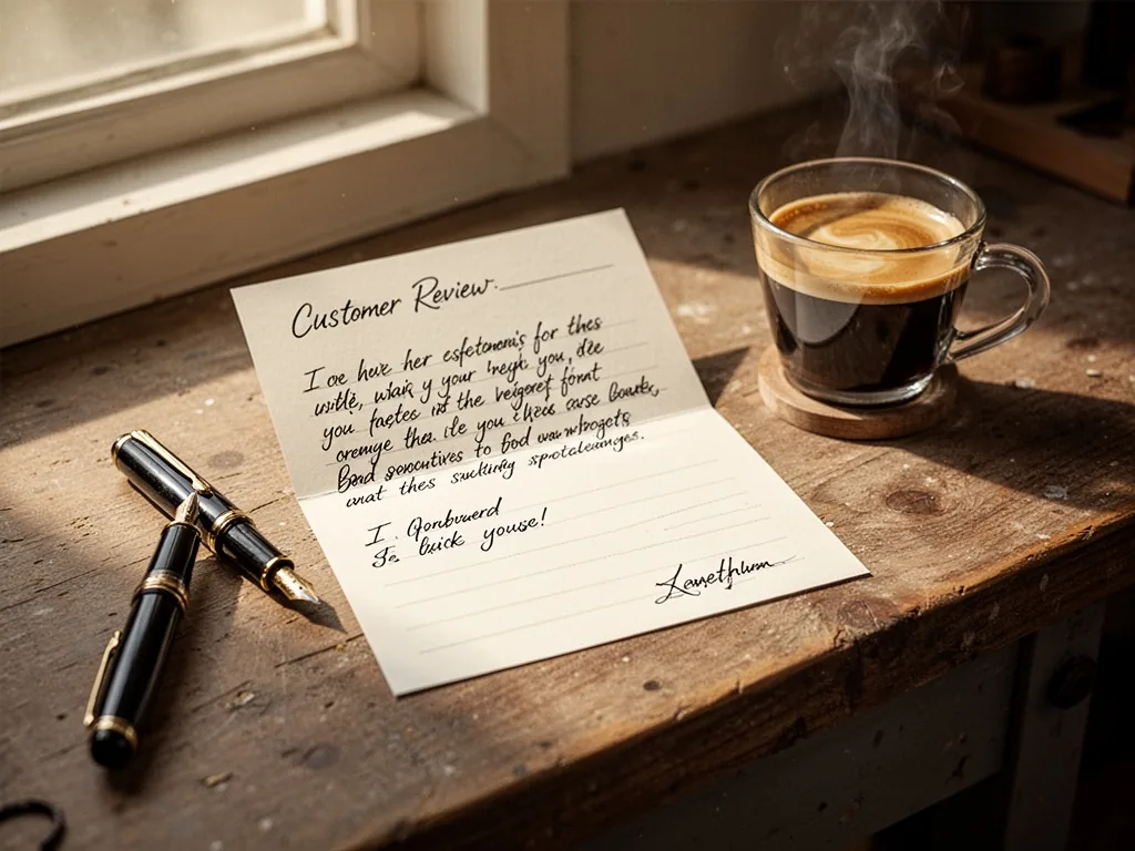 A handwritten customer review card with positive feedback on a wooden counter, a fountain pen and an espresso cup beside