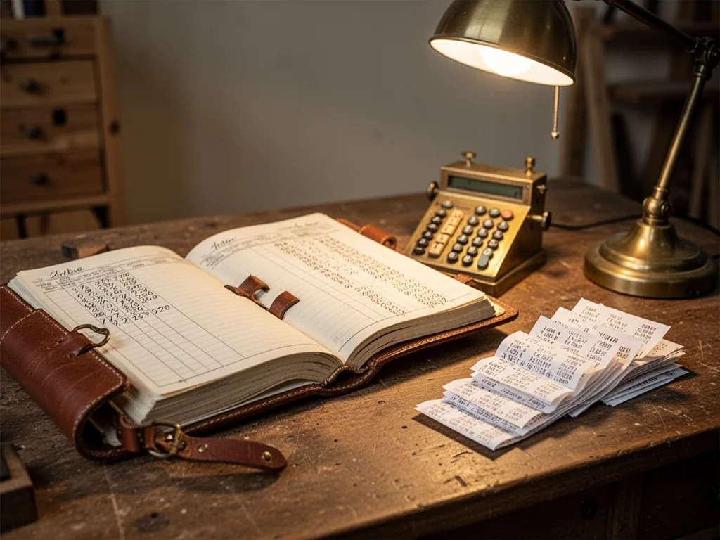 An open leather-bound ledger with handwritten numbers, a brass calculator and a pile of folded receipts on a wooden desk