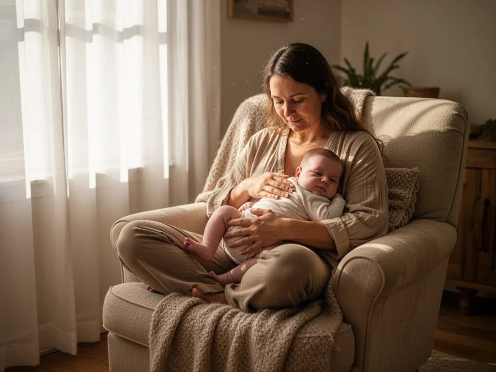 A mother nursing a baby in a straddle position on a plush armchair, her hands cradling the baby's back, warm sunlight st