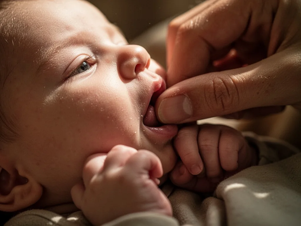 A close-up of a baby's mouth latching at a tilted angle, mother's thumb pressing near the nipple, baby's fingers curled
