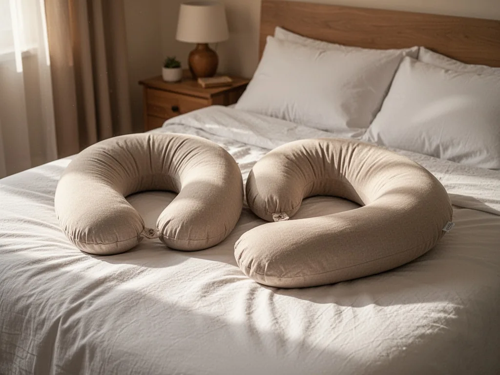 Two nursing pillows arranged on a neatly made bed, one positioned for straddle nursing and one for side-lying, soft morn