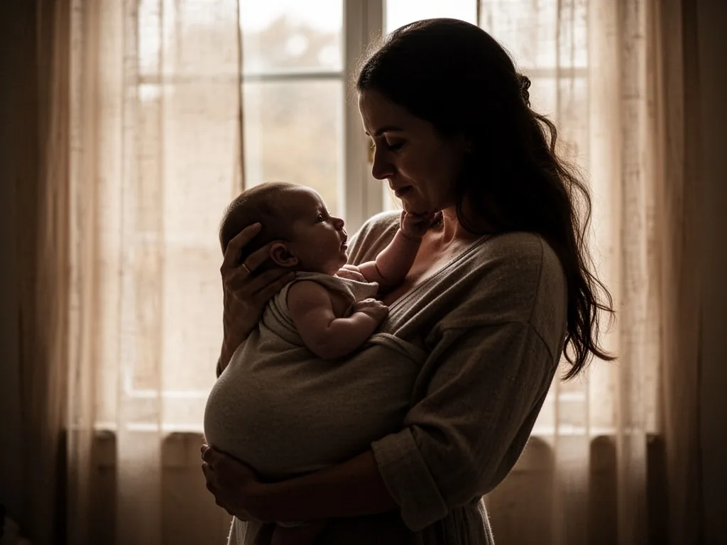 A mother’s silhouette holding a baby in an inverted nursing position, the baby’s neck gently supported by a hand, soft w