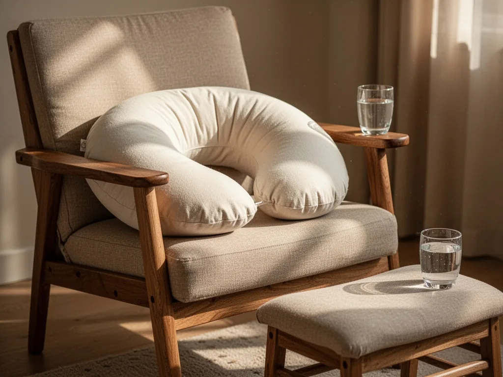 A breastfeeding pillow in cream fabric on a wooden armchair, a small footstool beside it, a glass of water nearby, after