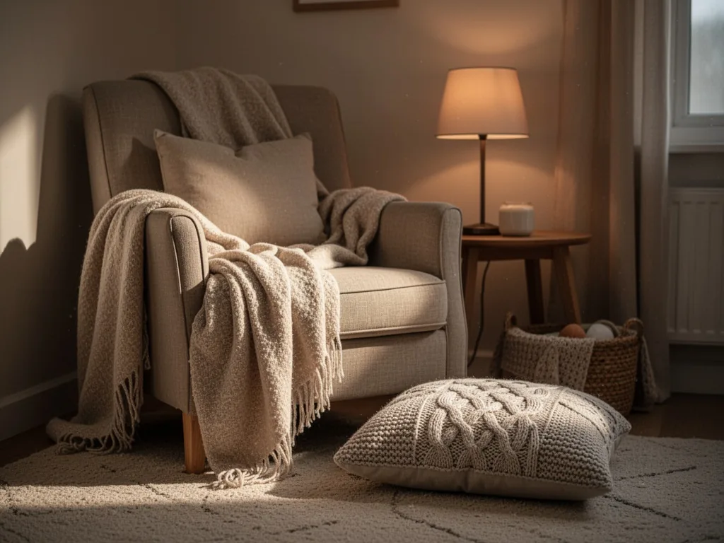 A cozy nursing corner with a cushioned chair, a soft throw blanket, a dim lamp glowing, a knitted pillow on the floor, w