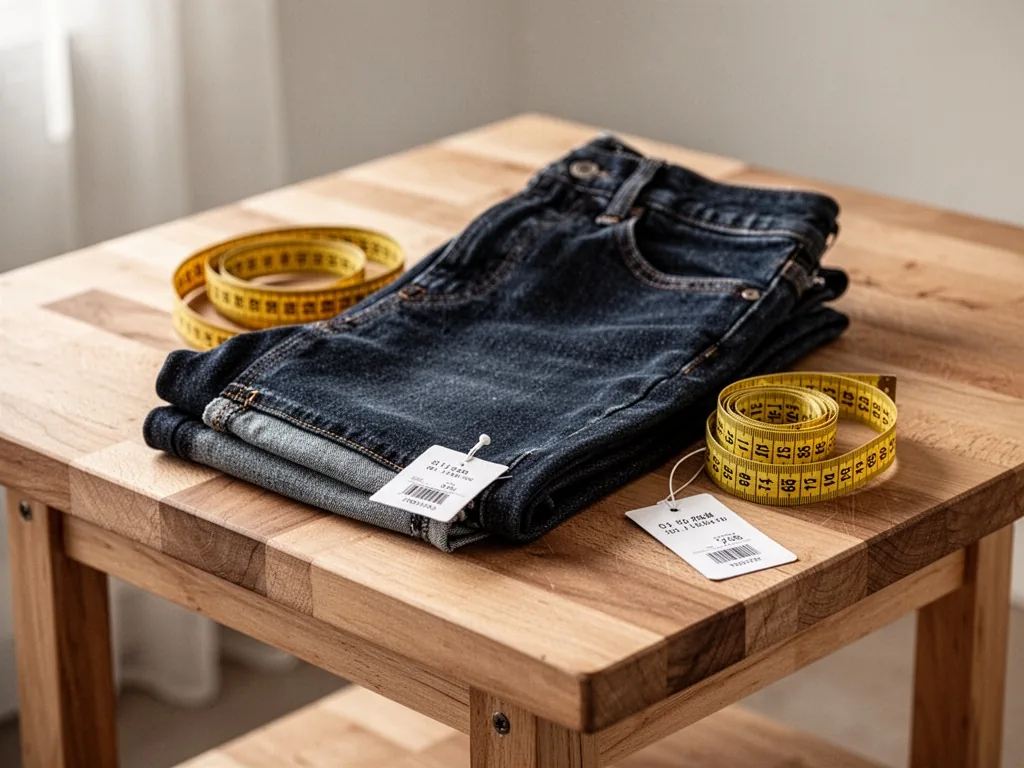 A pair of dark denim jeans folded on a wooden cutting table, a yellow measuring tape coiled beside, a small white price 