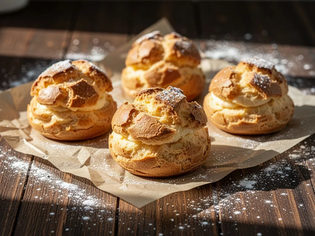 Golden choux pastry shells with crisp cracked tops resting on parchment paper, a light dusting of flour on dark wood, wa