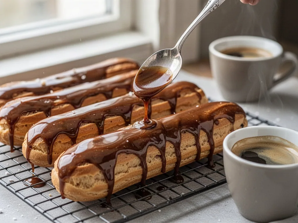 Glossy coffee glaze dripping down rows of éclairs on a wire rack, a silver spoon lifting warm glaze, an espresso cup nea