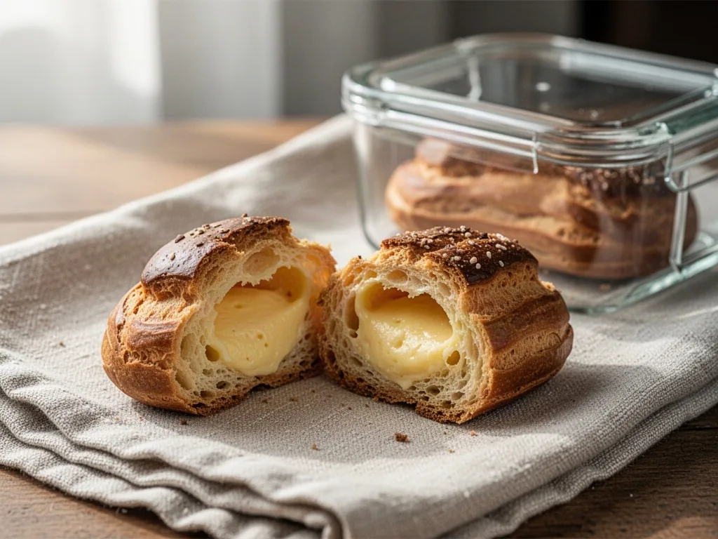 A perfectly baked éclair split open showing an airy custard interior, on a linen towel beside a glass storage container 