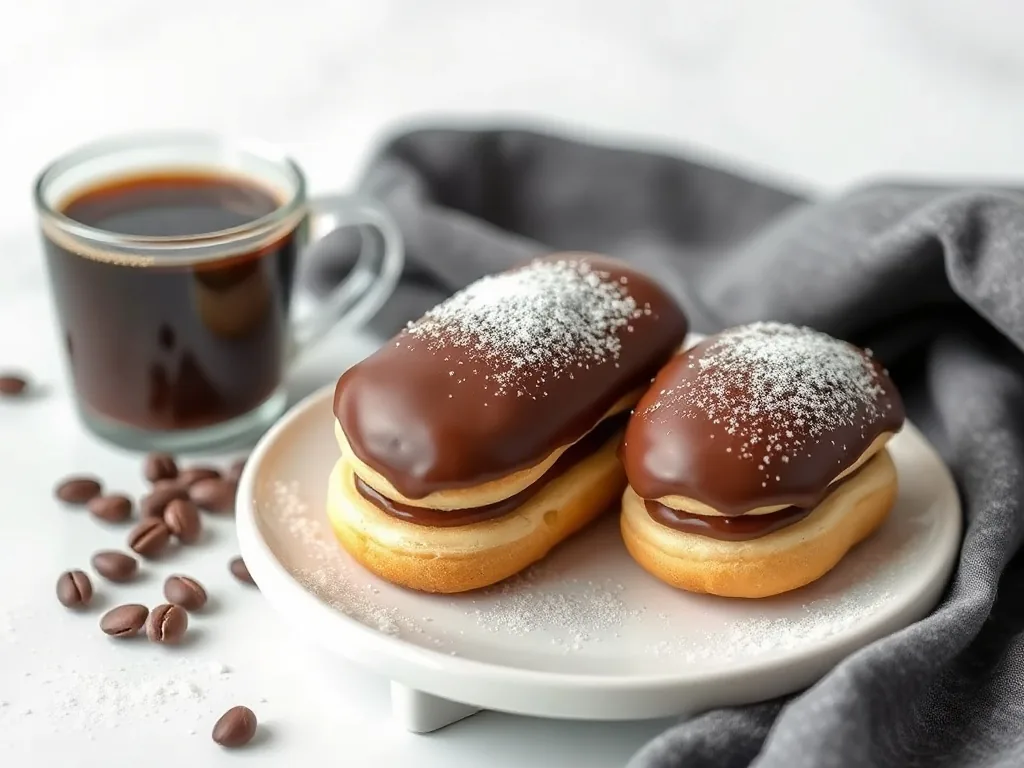 Éclairs au café brillants sur une assiette, crème pâtissière au café visible