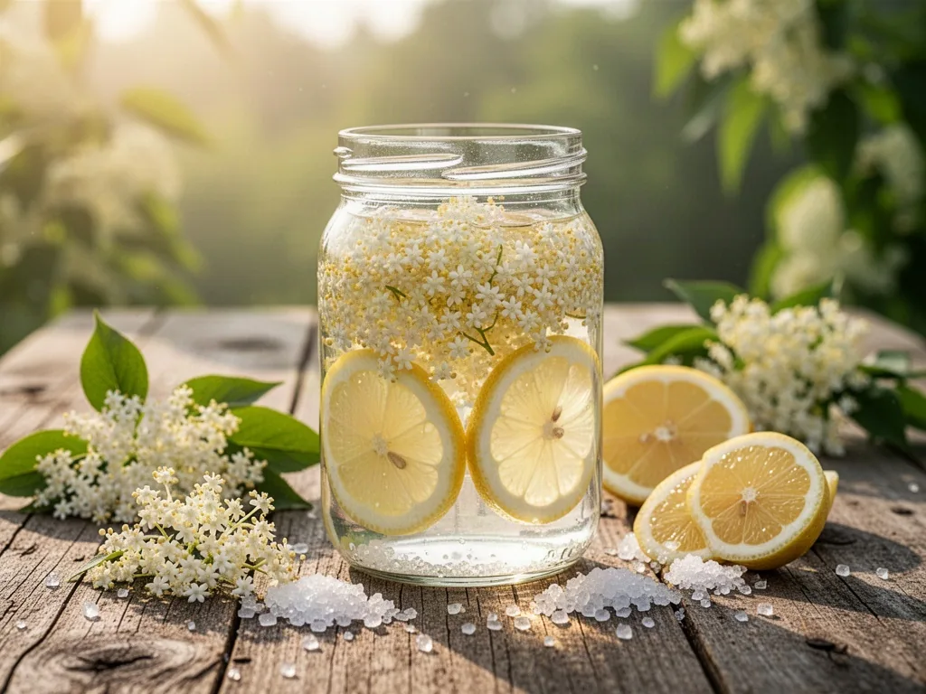 A glass jar filled with clear alcohol, elderflower blossoms, lemon slices, and sugar crystals arranged around it, on a r