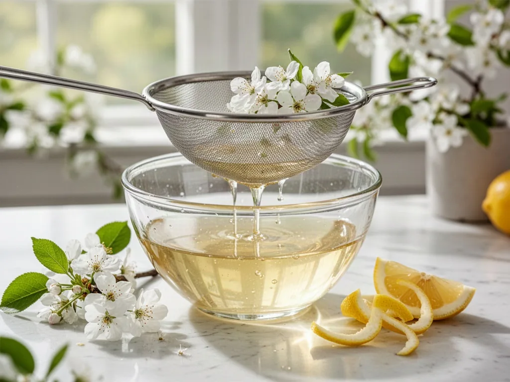 A fine mesh strainer held over a glass bowl, clear pale yellow liquid dripping through, white blossoms and lemon peel se