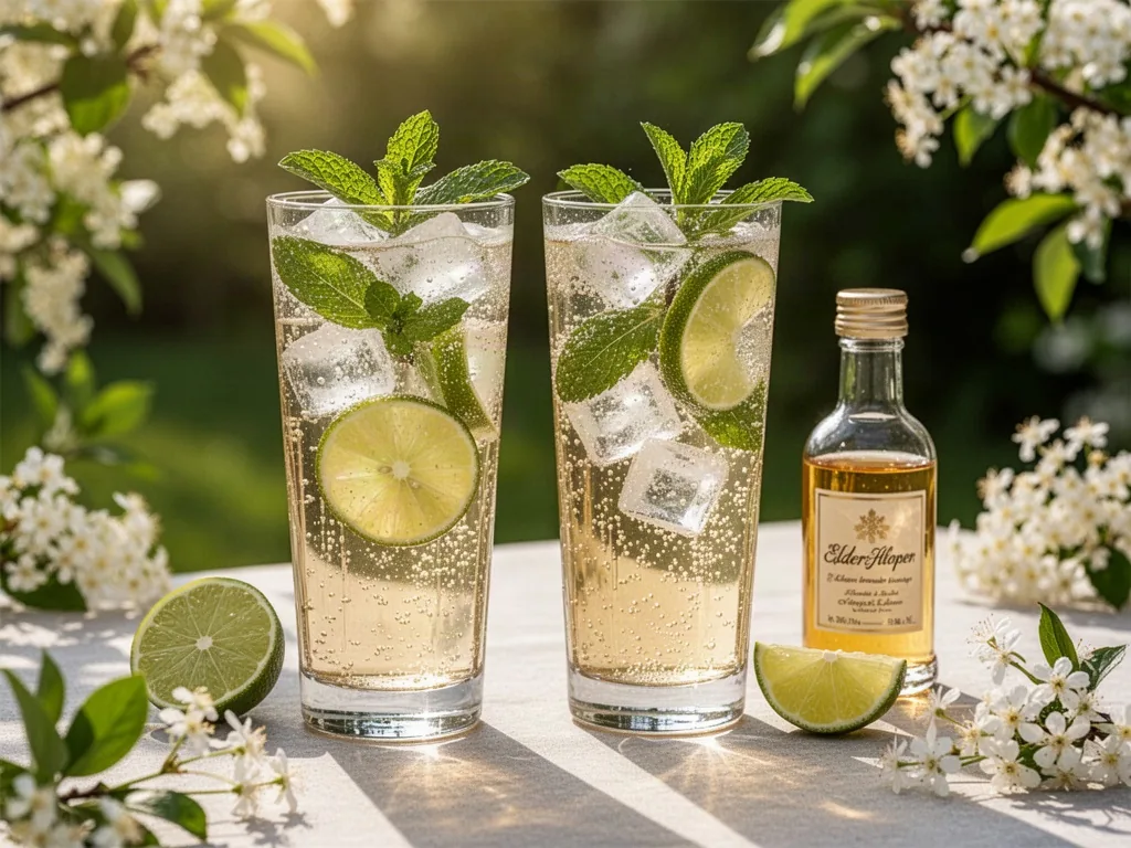 Two tall glasses filled with sparkling elderflower cocktails, mint sprigs, lime wedges, ice cubes, a small bottle of eld