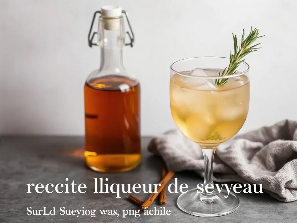 Bouteille de liqueur de sureau dorée posée sur un plateau, entourée de fleurs de sureau fraîches, de rondelles de citron et d'un verre rempli de glaçons