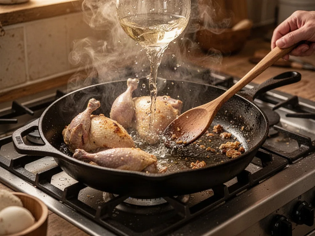 A cast-iron skillet on a gas stove, white wine splashing over guinea fowl pieces, a wooden spoon scraping browned bits f