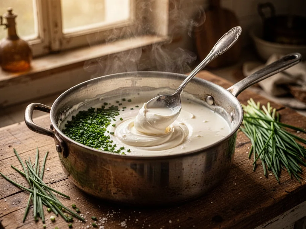 A heavy saucepan off the heat on a wooden counter, a spoon folding crème fraîche into a silky sauce, chives sprinkled on