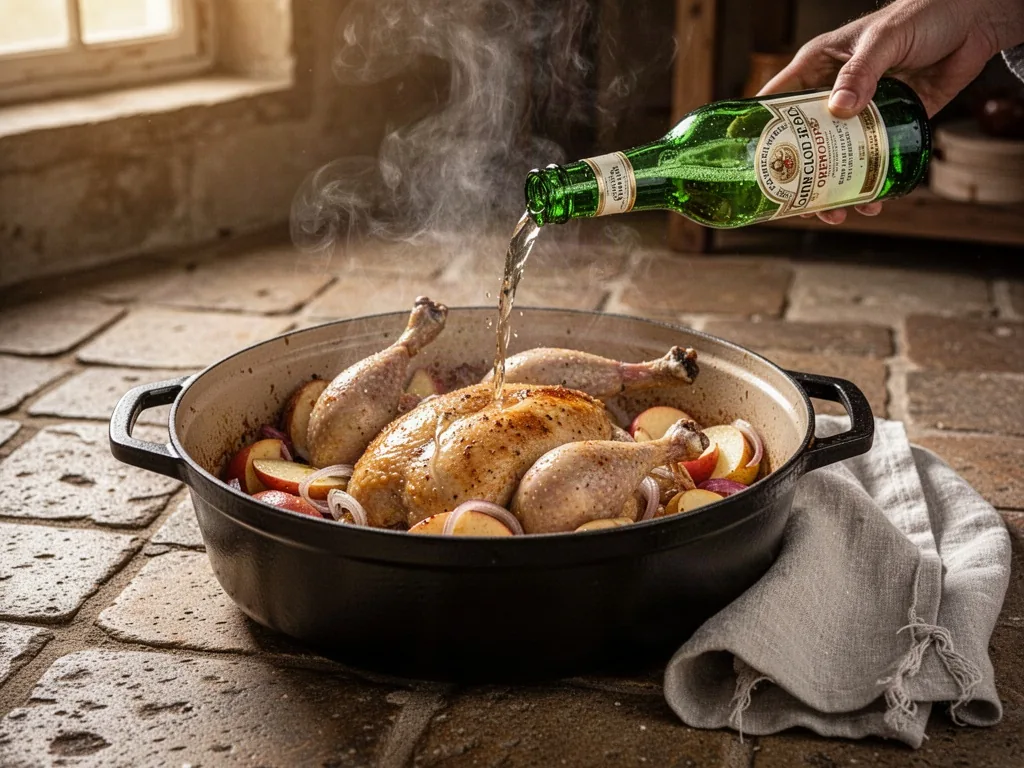A green glass cider bottle pouring into a Dutch oven, guinea fowl with apple slices and onions, rustic stone tiles, a li