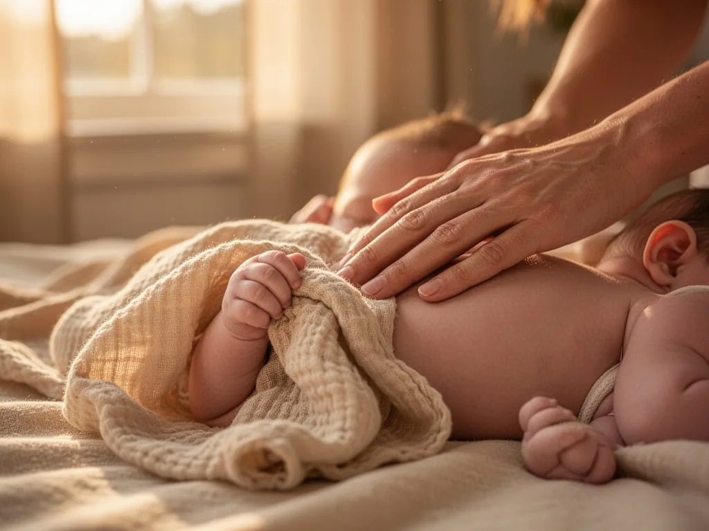 A baby's tiny hand gripping a soft muslin cloth, a parent's hand gently rubbing the baby's back, warm golden hour light