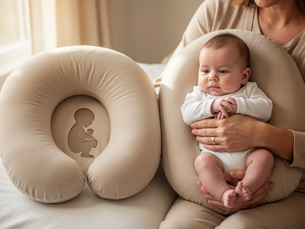 A nursing pillow with a baby's silhouette in cradle position next to a baby in football hold position, both with parent'