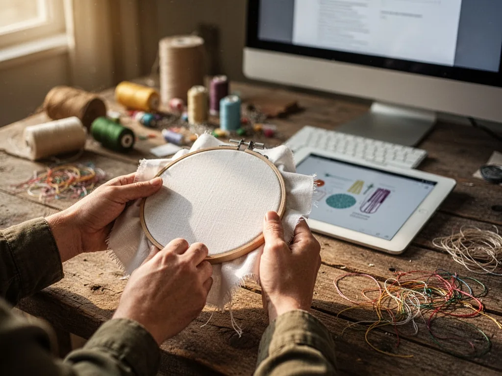 Two hands holding a wooden embroidery hoop with white fabric and a graphic design tablet, blurred sewing supplies and co