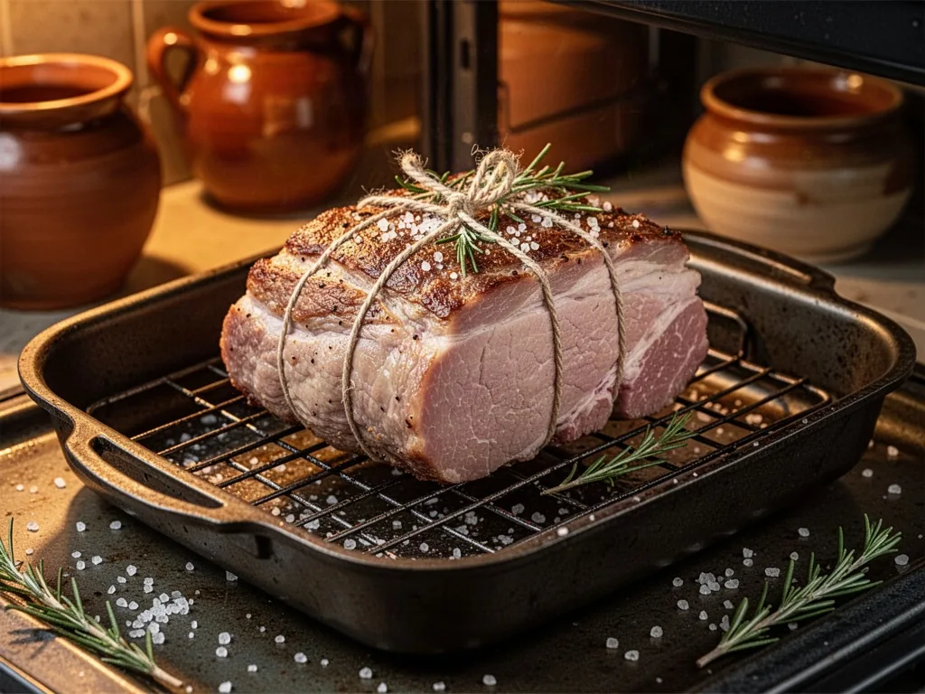A thick-cut pork roast tied with kitchen twine, resting on a wire rack over a dark roasting pan, scattered sea salt and